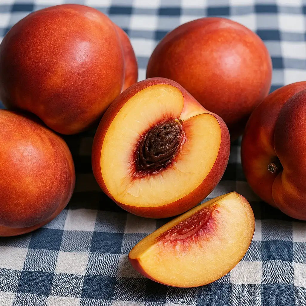 Fantasia nectarine Tree Fruit sitting on table. Fruit Trees sold by Paradise Nursery.