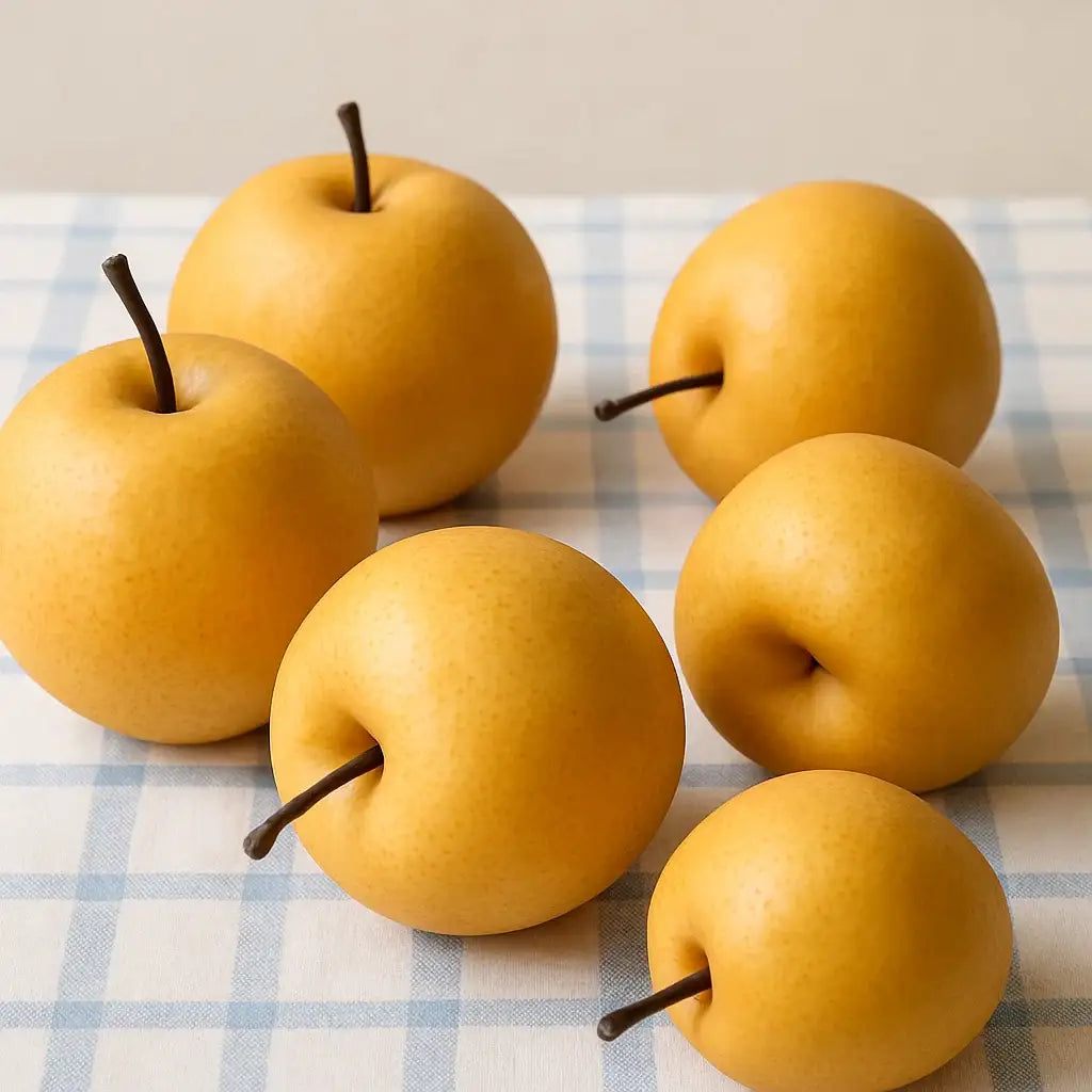 Yellow 20th Century Asian Pears on a checkered tablecloth Fruit Trees sold by Paradise Nursery