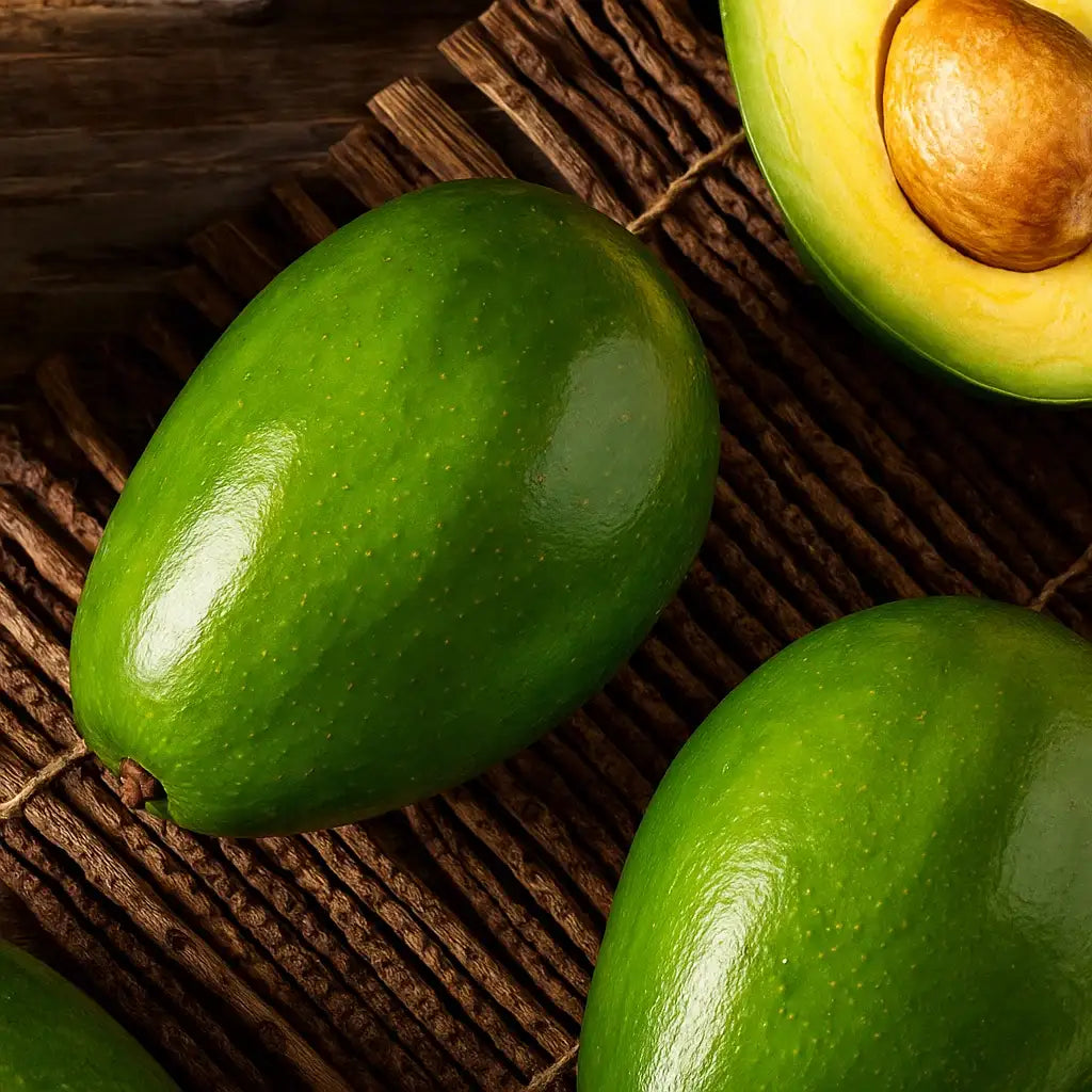 Two whole Bacon avocados on a wooden surface. Fruit Trees Sold by Paradise Nursery