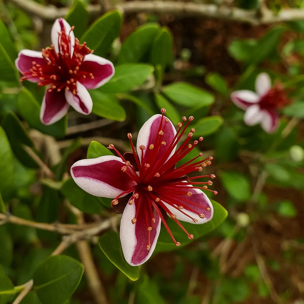 Close-up of a red and white feijoa flower with green leaves in the background