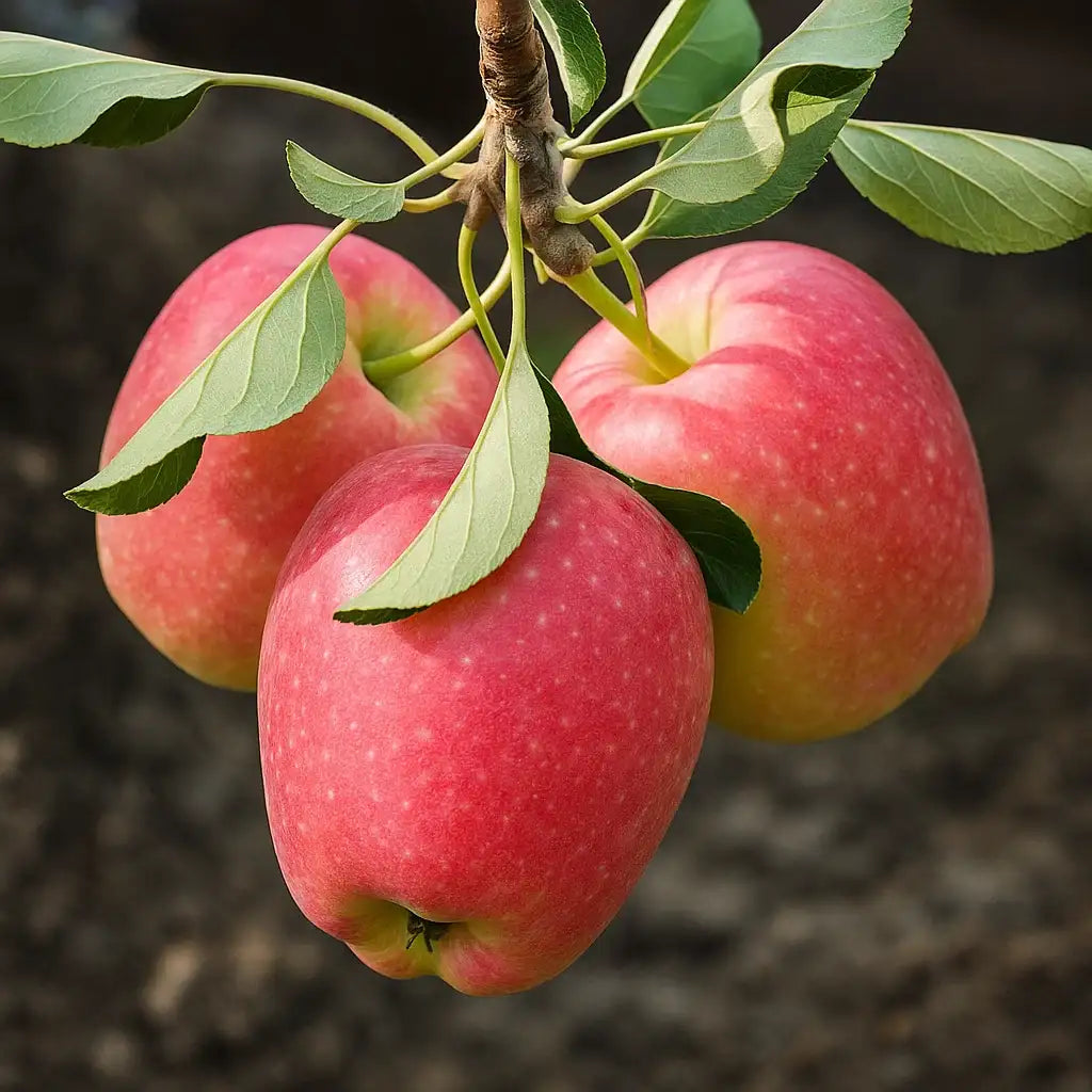 Three red anna apples hanging from a tree branch with green leaves sold by Paradise Nursery