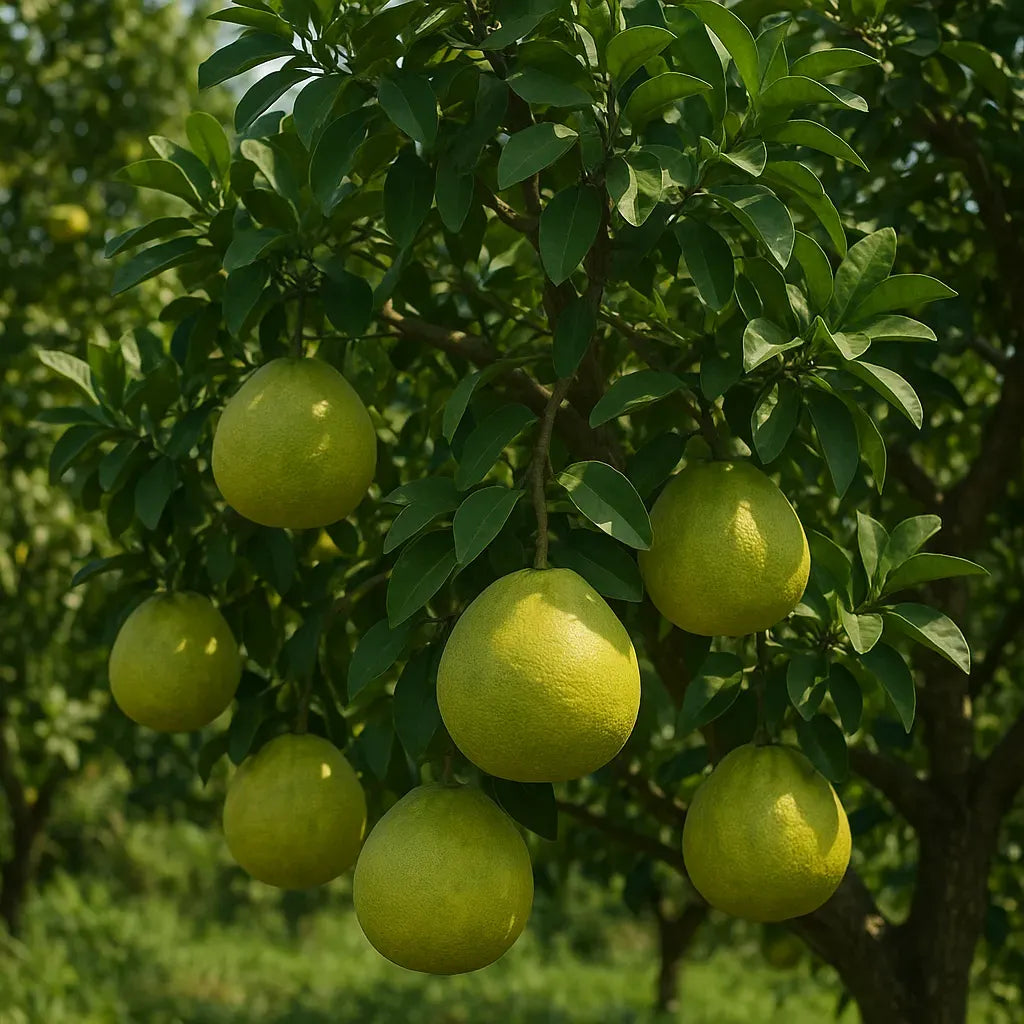Pomelo hanging from a tree with a blurred green background
