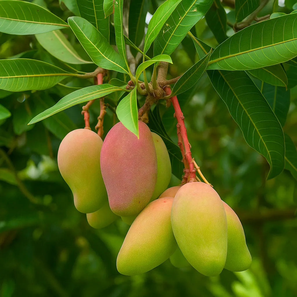 Mangifera Indica Mangoes hanging from a tree with green leaves